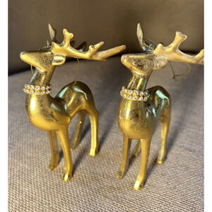 (2) Distressed Gold Reindeer w/ Rhinestone Collars Hanging Christmas Ornaments